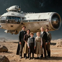 highly detailed, 268435456k film, 4200mm film still from a sci fi blockbuster color movie made in 2019, set in 1860, of a family standing in front of a spaceship that has just landed on an alien planet, the family are all wearing 1860s era clothes, good lighting, good photography, ultra high definition