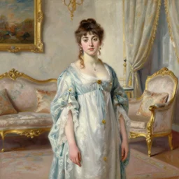 a renaissance oil painting of a beautiful woman inside an intricately decorated living room by Alma Tadema, pastel color scheme, digital painting