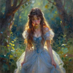 ugly unattractive princess in the garden. oil painting by award - winning comic artist. backlighting, chiaroscuro, depth of field, luminescent colors.