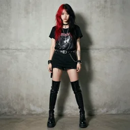 Grunge Girl with red and black hair, tall black boots, grunge, photography, full-body, head to toe