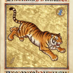 bad drawn tiger with many legs flying in a medieval manuscript, medieval manuscript, golden miniatures