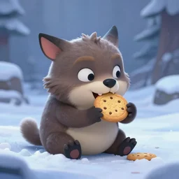 realistic poro from league of legends, eating a cookie in the snow