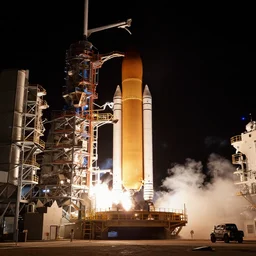 nighttime launch of the space launch system from lc - 3 9 b at kennedy space center, 2 0 2 5