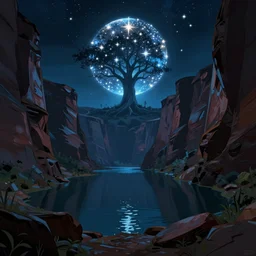 concept art by jama jurabaev, cel shaded, cinematic shot, trending on artstation, high quality, brush stroke, in the middle of the mysterious canyon lake at night, there is a tree of the world shining with stars
