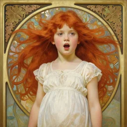 intricate art nouveau portrait oil painting of redheaded 1 4 - year - old molly ringwald with long red hair blowing in the wind, mouth open, wearing a thin white dress, in front of a carved screen, elegant, digital painting, smooth, sharp focus, illustration, ultra realistic, 8 k, by bouguereau, alphonse mucha, artgerm, and donato giancola