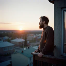 award - winning lomographic tarkovsky film still of 4 0 years russian man with beard and sweater standing on small hrushevka 9 th floor balcony in taiga looking at sunset, kodak ektar, bokeh