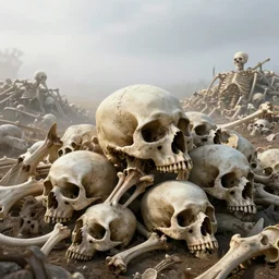 A realistic detailed photo of a pile of bones, big skulls, covered sky, piles of bones in the background, skeletons, fog, foggy landscape, light particles, detailed light, realistic shaders, trending on artisation, detailed textures, detailed, realistic.
