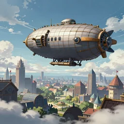A steampunk airship flying through the clouds towards a towards a steampunk city, fantasy anime style