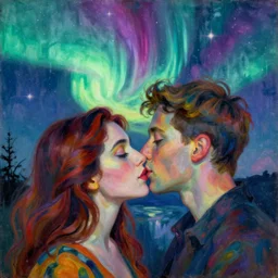 close portrait of woman and man kissing. aurora borealis. iridescent, vivid psychedelic colors. painting by bosch, agnes pelton, utamaro, monet