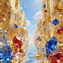 vivid dream of vaporwave joy manifold, joyful vibe, gold, ruby, quartz, sapphire, glass, quicksilver, water, air, HDR, octane render, 8k, 4k