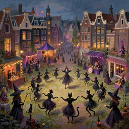 a bustling magical town with witches and black cats dancing around a colorful music festival in its center, inspired by victorian england and amsterdam, highly detailed, intricate, digital painting, trending on artstation, concept art, matte painting, art by greg rutkwowski, craig mullins, octane render, 8 k, unreal engine