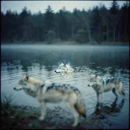 wolves on the lake, artwork by denis villeneuve, mystic, melancholy, pinhole analogue photo quality, lomography, blur, unfocus, cinematic, foil effect, holographic effect