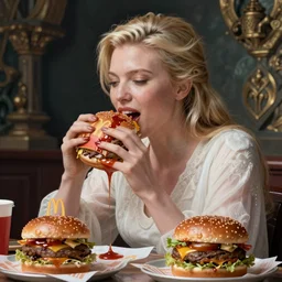 Ivanka Trump eating a mcdonald's big mac hamburger, dripping BBQ Sauce, serving burgers, intricate, elegant, feminine ethereal, hearthstone, D&D, magical mystical, highly detailed, digital painting, artstation, concept art, matte, sharp focus, hyperreal, art by Artgerm and Greg Rutkowski and Alphonse Mucha