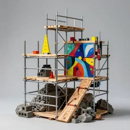 small convoluted scaffolding sculpture made with steel and metal, wood planks, rock details joints, cinder blocks, bright construction materials, ratchet straps, photorealistic, studio lighting, product photography, high octane, higly detailed, made with unreal engine, painting by yves tanguy, by nate boyce, sculpted by david smith, by kay sage