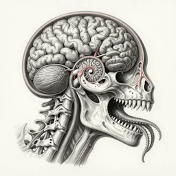 hyper-detailed color pencil antique medical illustration of Kaiju head cross-section, nautilus brain, ribcage, xhenomorph, with tentacles coming out of open mouth and exposed jaw bone, cervical spinal column, vertebra, arteries, cerebral corpus callosum, interventricular foramen, symmetrical