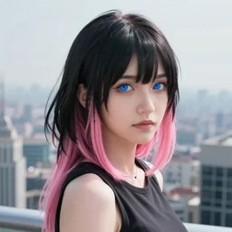 « attractive girl, middle length black and pink hair, ghost in the shell, view on a top of a skyscraper, highly detailed, unreal engine 5, photorealistic, blue eyes, small nose »