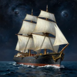 a ship sailing in a cosmic ocean, realistic painting, classical painting, high definition, digital art, matte painting, very detailed, realistic