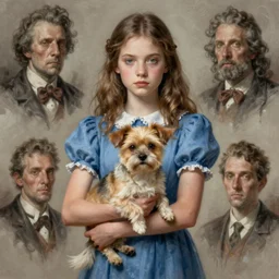a girl wearing a blue dress holding a small dog, horror, highly detailed, character portrait, digital painting, artstation, concept art, matte, sharp focus, illustration, art by artgerm and greg rutkowski and michael whelan and gustave dore and alphonse mucha