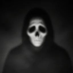 scary face emerging from the shadows, black and white, blurry, foggy, digital artwork