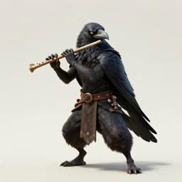 Raven looking Kenku Birdperson bard wielding darts and a flute, wearing a purple coat, d&d character commission, digital art, magic the gathering artwork, character portrait