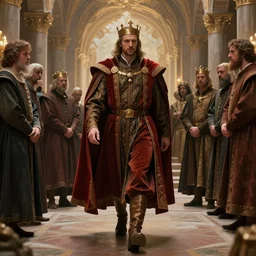 a king walks with a powerful stride in his palace as worried courtiers gather around him, high fantasy art