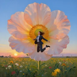 closeup, gigantic flower head, girl in suit jumping in field of flowers, surreal photography, sunrise, blue sky, dramatic light, impressionist painting, digital painting, artstation, simon stalenhag