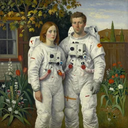 a painting by grant wood of an astronaut couple in a garden in the style of american gothic