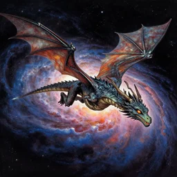 a cinematic shot of an alien dragon flying through outer space, epic nebula, style of jean giraud moebius, moebius, matte illustration