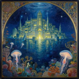 a beautiful painting of the city of atlantis, underwater with glowing lights, corals and jellyfish, with the night sky with stars above, intricate, elegant, highly detailed, digital painting, artstation, concept art, by krenz cushart and artem demura and alphonse mucha