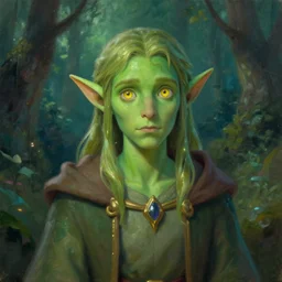 A green skinned male elf with yellow eyes, young noble, scholar, clad in robes, curious, forwards facing, centered, fantasy concept art, beautiful, mystical eyes, magical lighting, mystical, shimmers, nature, oil painting, forest background