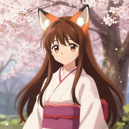 an anime art of a cute girl with fox ears wearing kimono at a sakura tree by anthony brown, 8 k resolution, high quality, highly detailed, long hair