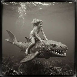tintype photo, underwater, girl riding the lochness monster