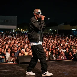 mf doom rapping on stage in front of a large crowd, cinematic shot, detailed photography