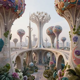 beautiful scifi futuristic biophilic colorful city architectural landscape, arches, cellular bridges, stone columns, rhizomorph finials spires, brackets, fractal puffballs, vincent callebaut composition, iris van herpin, elegant lace haute couture broad embroidered cone trees, porcelain magnolia fluid nebula, soldier lichen, soft light