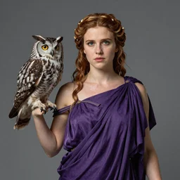 Anna Kendrick as the Goddess Minerva with her dark purple toga slipping off her shoulders which her owl is sitting upon 8k resolution hyperdetailed photorealism amazing level of detail and ultra high quality and beautifully crafted