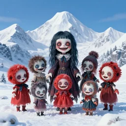 a colorful portrait photograph of divine, snow mountains, with diabolical cursed creepy dolls, poppy playtime style, with crazy laughs and crazy eyes, taken by martin parr, saturated colour photo, back light flash, studio light, high definition, 8 k