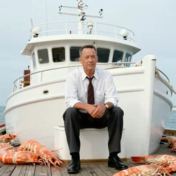 Tom hanks as forrest gump sitting in a giant shrimp boat, majestic beautiful world, digital art, amazing detail, artstation, in the style of maurice sendak