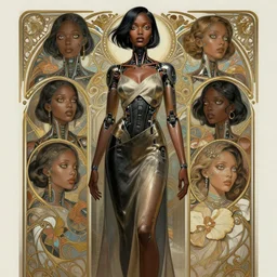 Photorealistic illustration, full body black women cyborg , with fashion clothe, six digital eyes by sorayama , cyberpunk 2077, sci-fi, futuristic, intricate, elegant, highly detailed, digital painting, artstation, concept art, smooth, sharp focus, art by artgerm, greg rutkowski and alphonse mucha