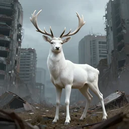 professional stylized digital art of a majestic white deer standing in front of an abandoned overgrown city, dystopia, post - apocalyptic, high detail, hd, 4 k