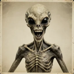 crooked teeth, black eyes, gaping mouth, alien looking, skull like, big forehead, horrifying, killer, creepy, dead, monster, tall, incredibly skinny, open mouth, deathly, old photo, turning yellow, 8 k, photorealistic
