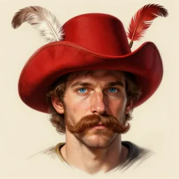 Clean Shaven Caucasian European Man with blue eyes and brown curly mustache wearing a red musketeer hat with a single feather on it. D&D Character Head and Shoulders Portrait. EPIC RPG Digital Artwork. 4K. Detailed Drawing. Trending on Artstation.