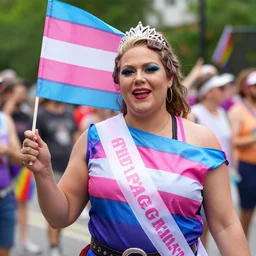 the great and powerful trixie holding a trans flag at pride parade, candid, award winning photo, lgbt pride, trans rights, highly detailed photograph, dslr