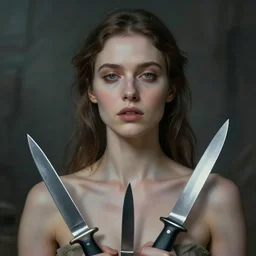cinematic panorama photo portrait of a woman with knives in her body, dystopian environment by roversi - manara, pale natural matt, head in focus, artistation
