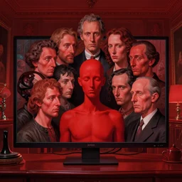 only with red, one red human with ten of heads with different personalities and expressions, luxury room with monitor, in the style of beksinski, parts by edward hopper, parts by rodcenko, parts by yue minjun, intricate composition by bosch, red by caravaggio, insanely quality, highly detailed, masterpiece, red light, artstation, 4 k