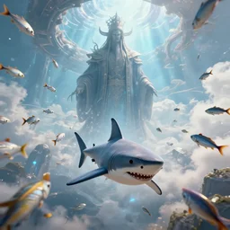 highly futuristic school of fish flying through the sky towards an infinite shark god, unreal engine
