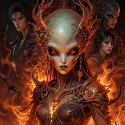 alien fire princess, detailed portrait, intricate complexity, by greg rutkowski, artgerm, ross tran, conrad roset, takato yomamoto, ilya kuvshinov. 4 k, beautiful, cinematic dramatic atmosphere