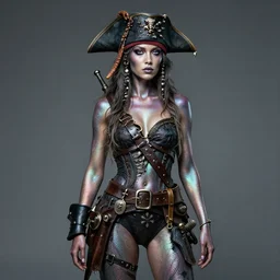 a woman with iridescent skin, pirate weapons, by van herpen, iris