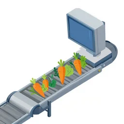 Carrots and weeds being scanned by AI on a conveyor belt, isometric illustration, svg, white background, powerpoint