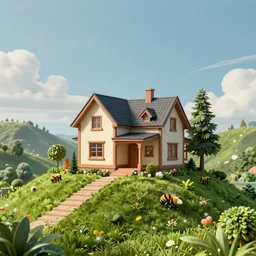 electronic 3D Art of an hidden house in a hill by thomas kinkade, beeple and Andreas Rocha, digital art, Trending on artstation, rectilinear, ultrawide angle.