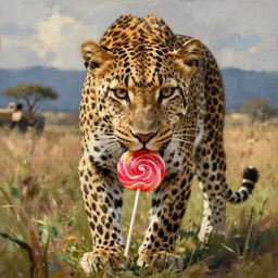 majestic leopard chewing on lollipops oil painting, safari background